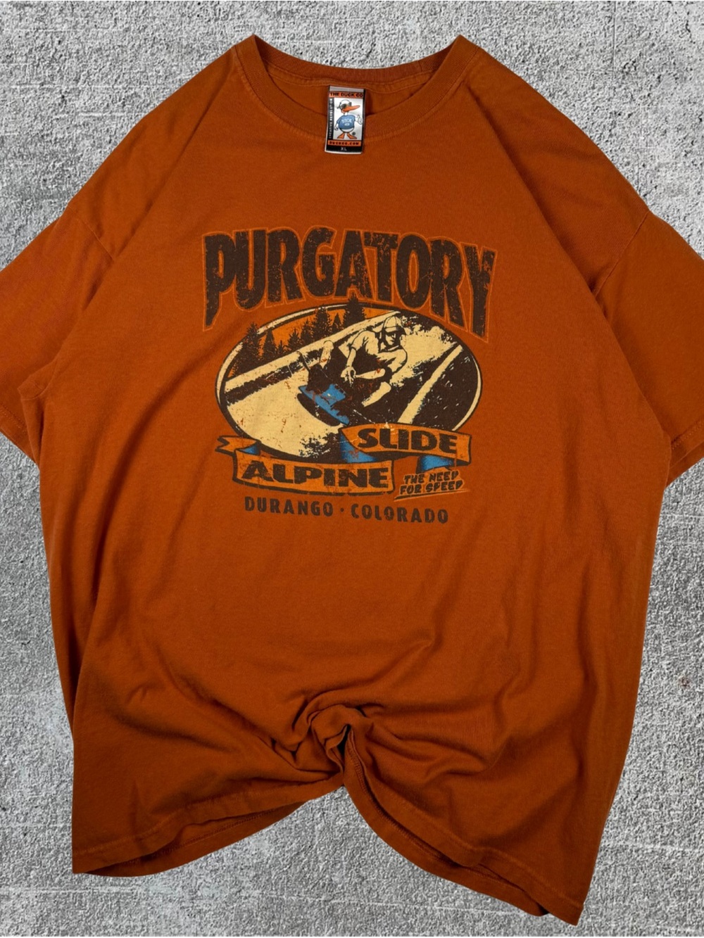 Men’s Duck Co Purgatory Durango Colorado Ski Graphic Dark Orange T-Shirt Size XL